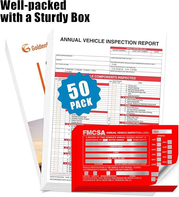 Goldenfox DOT Inspection Forms and Stickers,50-Pack,3-Ply Carbonless Annual Vehicle Inspection Report Form(8.5" x 11.75) with Red Exterior Aluminum Inspection Label(6"x3.5"), Permanent Adhesive. by GreenHaven Gardens