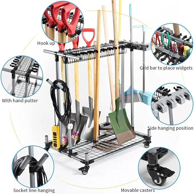 Mobile garden tool organizer metal Garage Storage Holder storage large long lawn tools heavy duty tool rack sturdy yard cart by GreenHaven Gardens