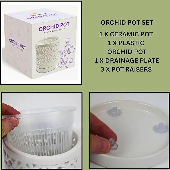 Large Ceramic Orchid Pot with Holes, 6 Inches Wide, for Indoors or Outdoors with Woven String Cut Out Design, Orchid Planters by GreenHaven Gardens