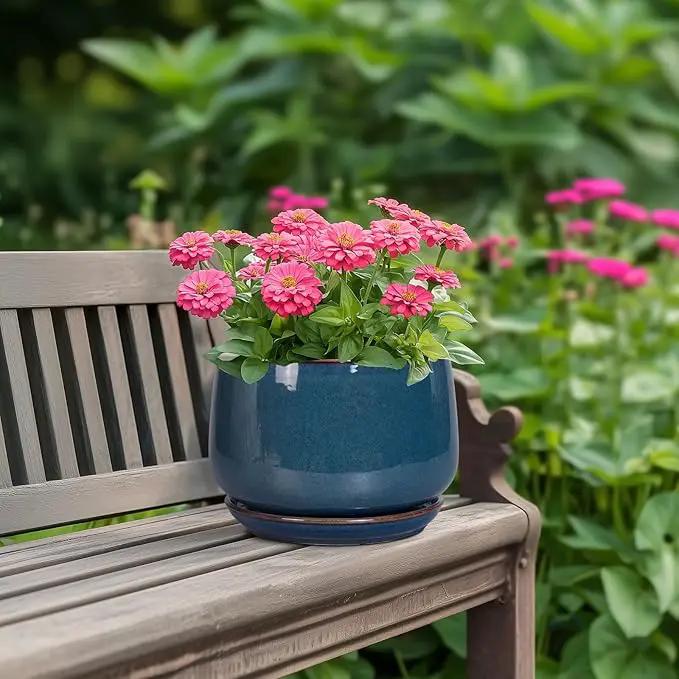 G EPGardening Ceramic Pot for Plants - Modern 7 Inch Round Planter with Drainage and Tray Indoor Outdoor for Flower, Porch Decor, Gardening Gifts, Retro Blue by GreenHaven Gardens