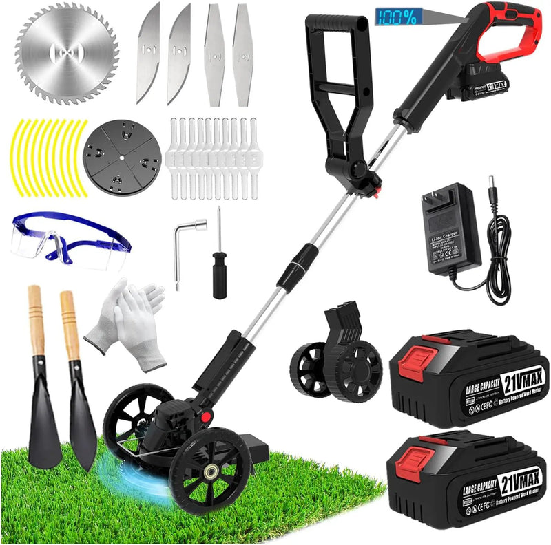 Electric Weed Wacker Eater Cordless Battery Powered, Weed Trimmer 21V Lightweight No-String with 2 Battery Operated & Wheels, 3 in 1 Stringless Grass Trimmer/Edger/Brush Cutter for Garden Yard Lawn by GreenHaven Gardens