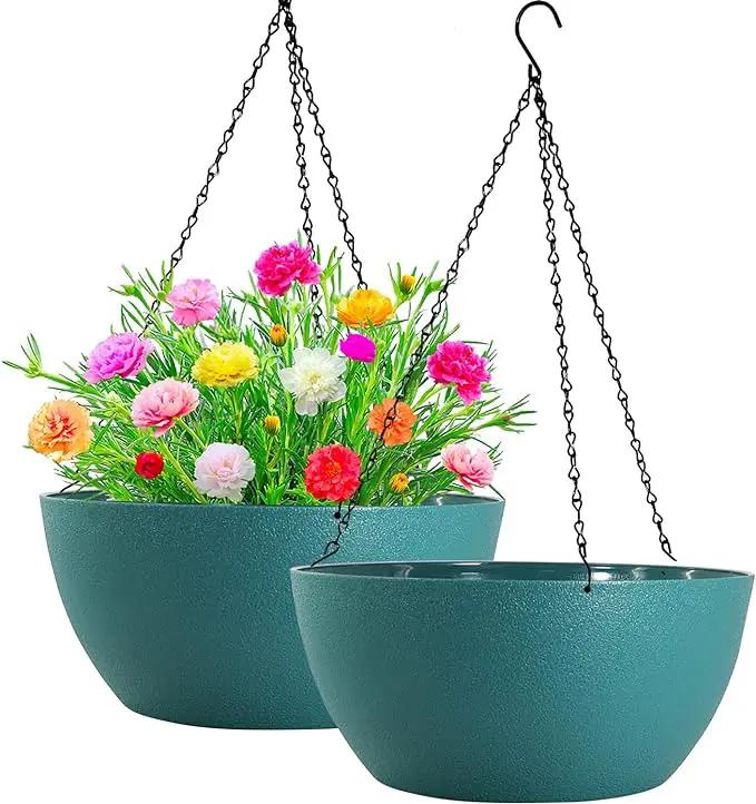 WOUSIWER 13 inch 2 Pack Large Hanging Planters for Indoor Outdoor Plants with Drainage Holes and Chain, Round Hanging Flower Pots for Garden Home Porch Decor, Myrtle Green by GreenHaven Gardens