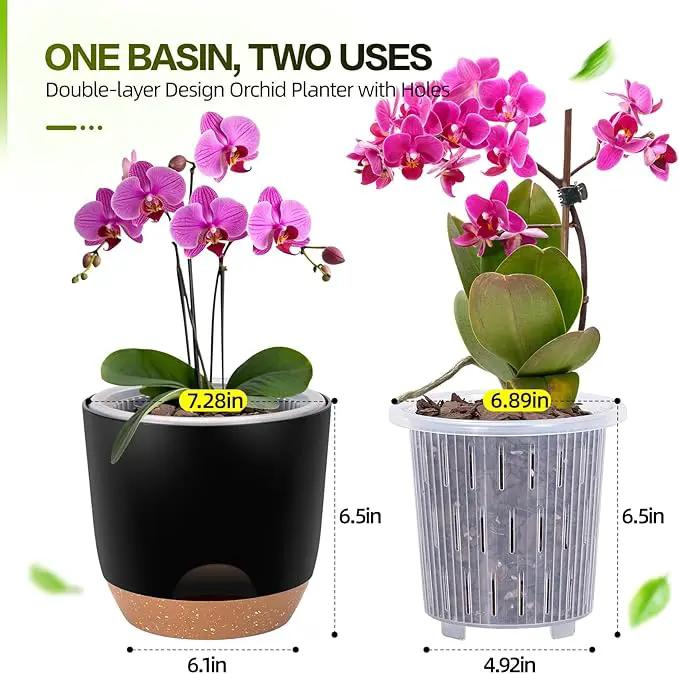 7.2 Inch Self Watering Orchid Pots for Indoor Plants,Macetas para Orqudeas,Flower Pots for Indoor Plants with Holes(Black) by GreenHaven Gardens