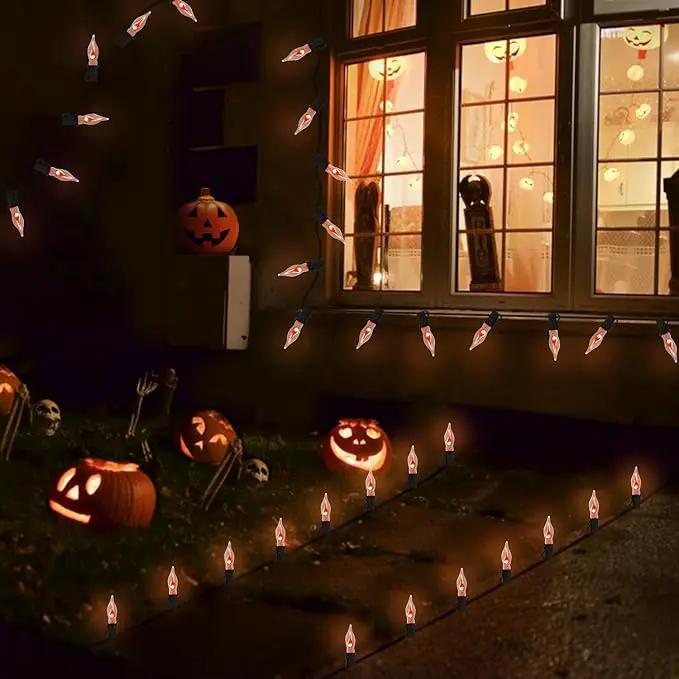 27.8Ft Halloween Decorations Flickering Flame String Lights with 29 Pack Clear Glass Flame Light Bulbs (4 Spare), E12 Base, Great for Christmas Halloween Indoor Outdoor Home Party Decor, Black Wire by GreenHaven Gardens