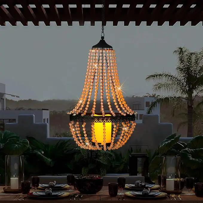 Hanging Candle Lantern, 27” Battery Operated Modern Clear Acrylic Crystal Chandeliers with Flickering Yellow Led Candle Light S Hooks for Garden, Backyard, Gazebo, Room Indoor Outdoor Decor by GreenHaven Gardens
