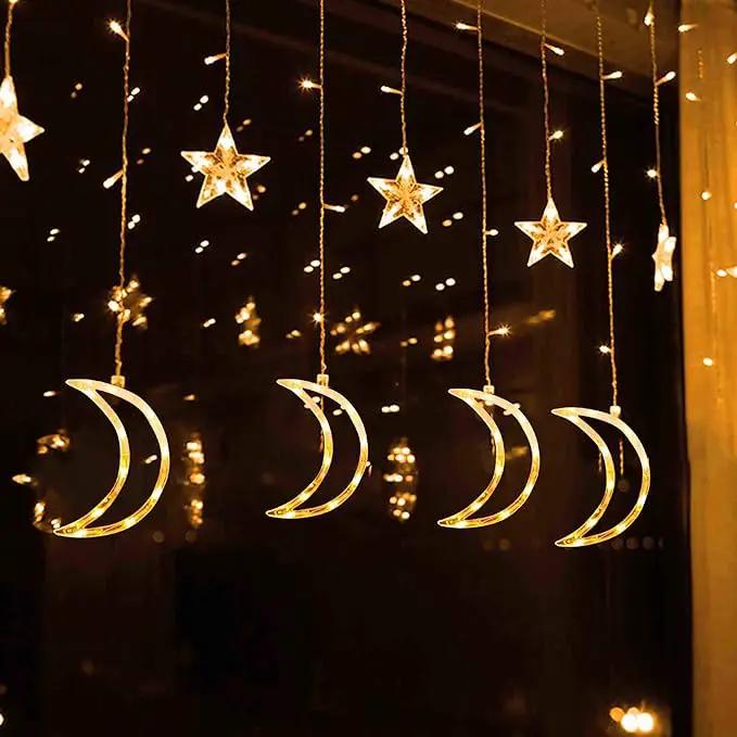 Dazzle Bright Ramadan Curtain String Lights, 138 LED 6.7ft x 3.2ft Warm White Star Moon 8 Lighting Modes Fairy Lights with Remote for Bedroom Wall, Wedding, Outdoor Party, Ramadan Decorations by GreenHaven Gardens