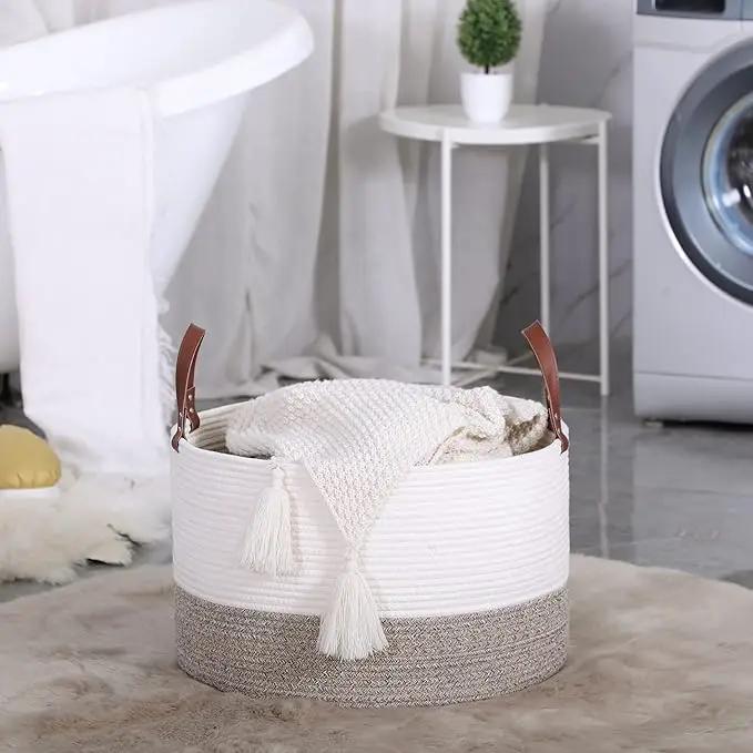 KAKAMAY Large Blanket Basket (20"x13"),Woven Baskets for storage Baby Laundry Hamper,Cotton Rope Blanket Basket for Living Room, Laundry, Nursery, Pillows, Baby Toy chest (White/Beige) by GreenHaven Gardens