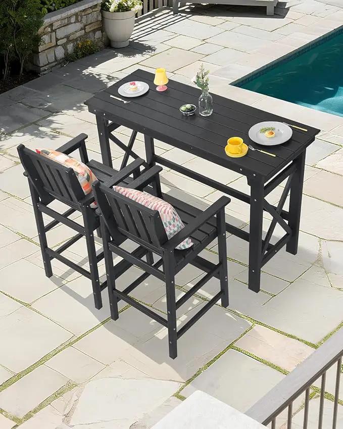 3 Pieces HDPE Outdoor Bar Table and Chairs Set, Tall Adirondack Chairs Set of 2 with Rectangular Bar Table, Patio Bar Stools Set, HDPE Outdoor Patio Bar Set for Balcony, Porch, Deck, Obsidian by GreenHaven Gardens
