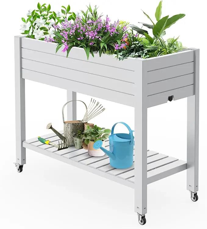 Elevated Horticulture Raised Garden Bed with Legs, Divisible Raised Resin Planter Box for Backyard, Patio, Balcony, with 4 Legs, 4 Swivel Lockable Wheels, and Storage Shelf,Ashen by GreenHaven Gardens