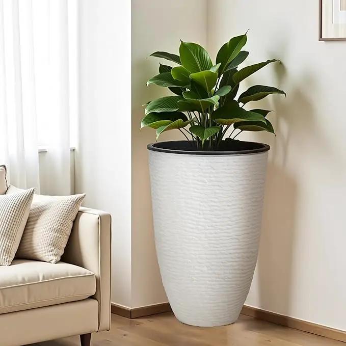 WORTH Garden 2-Pack 21" H. White Tall Planters with Inside Pots - 14'' Dia Plastic Large Round Plant Tree Pots - Decorative Imitation Stone Finish for Indoor Outdoor Front Porch Container Patio by GreenHaven Gardens