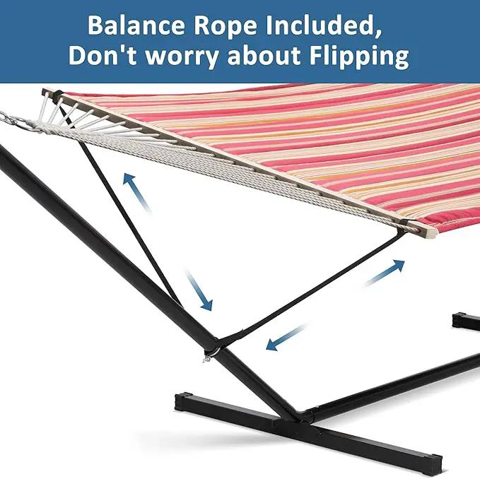 SUNCREAT Outdoor Hammock with Stand, Two Person Quilted Fabric Hammock Swing with 12ft Steel Stand, Red Stripes by GreenHaven Gardens