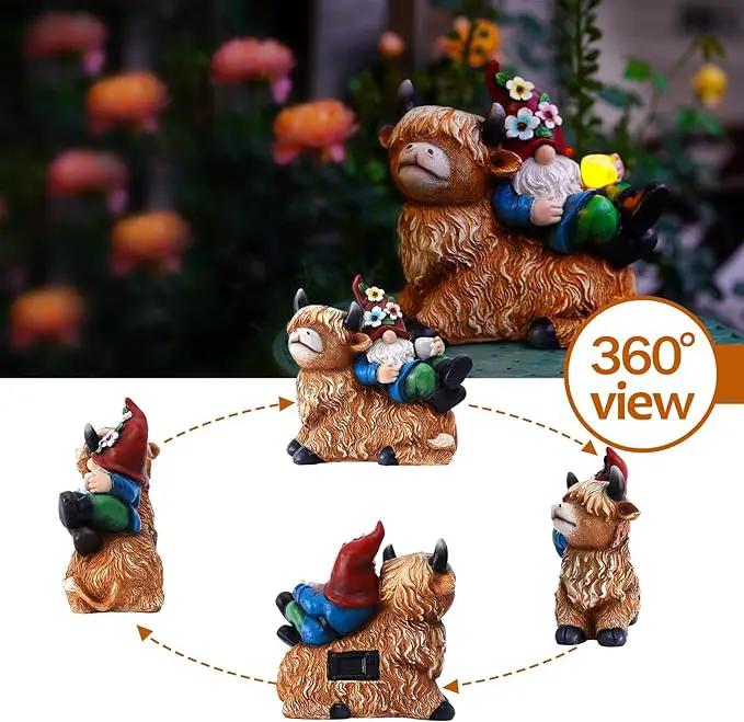 Garden Gnomes Decor Outdoor Statues Gnome on Highland Cow Hold Solar Cup Light Outdoor Decorations for Patio,Yard and Gift for Mom by GreenHaven Gardens