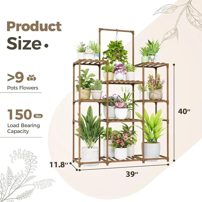 Bamworld Plant Stand Indoor Outdoor Large Plant Shelf Tall Hanging Plant Holder Wood Flower Stand for Window Living Room Garden Balcony Home Decor Flower Patio 3 Tiers by GreenHaven Gardens