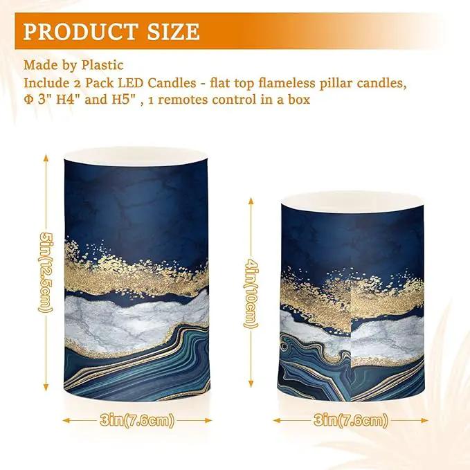 Flickering Flameless Candles, Navy Blue Marble Golden Veins LED Candles with Remote Timer, Set of 2 Battery Operated Candle for Valentine Wedding Birthday by GreenHaven Gardens