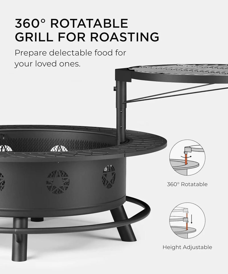 43 Inch Fire Pit with BBQ Grill, Wood Burning Fire Pits for Outside with Lid & Poker, Extra Large Heavy Duty Firepits, BBQ & Outdoor Firepit & Round Metal Table 3 in 1 for Bonfire, Patio, Picnic by GreenHaven Gardens
