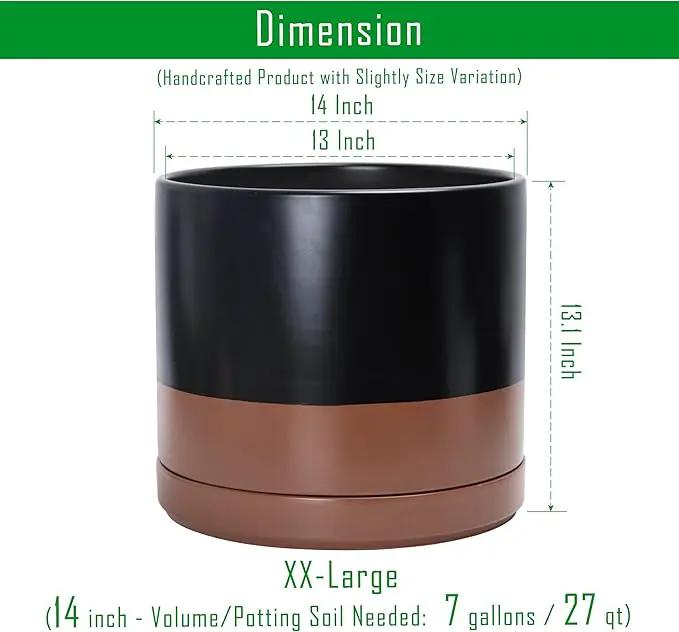 D'vine Dev 14 Inch Ceramic Planter Pot with Drainage Hole and Saucer, Indoor Cylinder Round Planter Pot, Black/Speckled Tan, 94-O-G-7 by GreenHaven Gardens