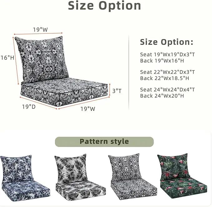 Favoyard Outdoor Seat Cushion 19 x 19 x 3 in Waterproof Pattern Fade Resistant Cover Removable Patio Furniture Cushions Deep Seat & Back Cushion Set with Adjustable Straps for Patio Chair Sofa Couch by GreenHaven Gardens