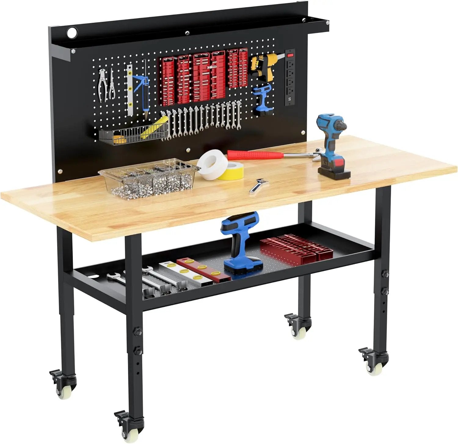 60" Heavy Duty Adjustable Workbench with Large Pegboard& Partition, Adjustable Work Table with Power Outlets & Lockable Wheels, Rubber Wood Workstation for Garage, Workshop, Office, Home, Commercial by GreenHaven Gardens