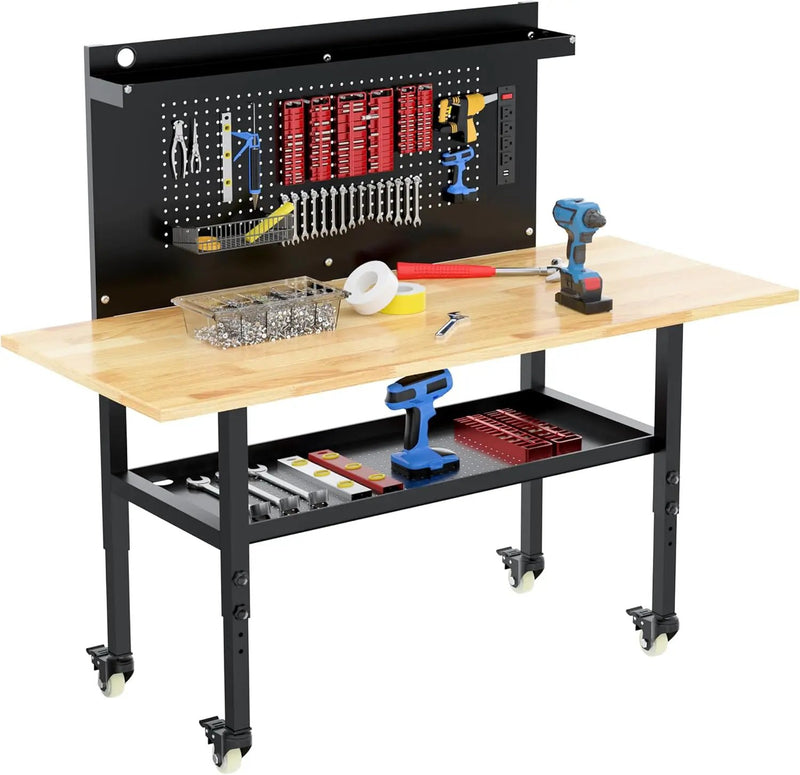 60" Heavy Duty Adjustable Workbench with Large Pegboard& Partition, Adjustable Work Table with Power Outlets & Lockable Wheels, Rubber Wood Workstation for Garage, Workshop, Office, Home, Commercial by GreenHaven Gardens