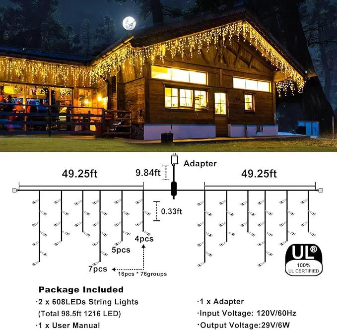 Icicle Christmas Lights, 98FT 1216 LED Icicle Lights for Outside with 228 Drops, 8 Modes Waterproof Twinkle String Lights for House Bedroom Wedding Holiday Decorations, Warm White by GreenHaven Gardens