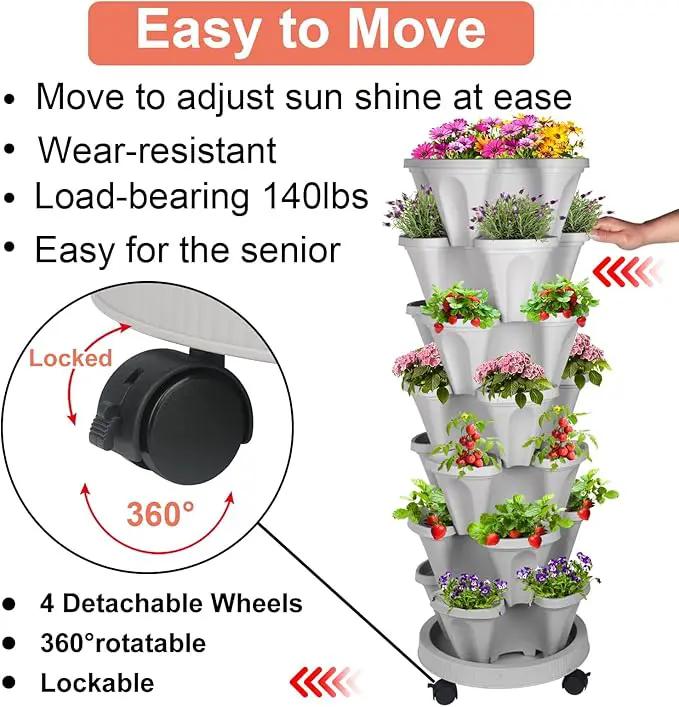 Vertical Planter 7 Tier Stackable Planters Garden Planters Strawberry Herb Flower and Vegetable Planter Indoor Outdoor Gardening Pots with Removable Wheels and Tools by GreenHaven Gardens