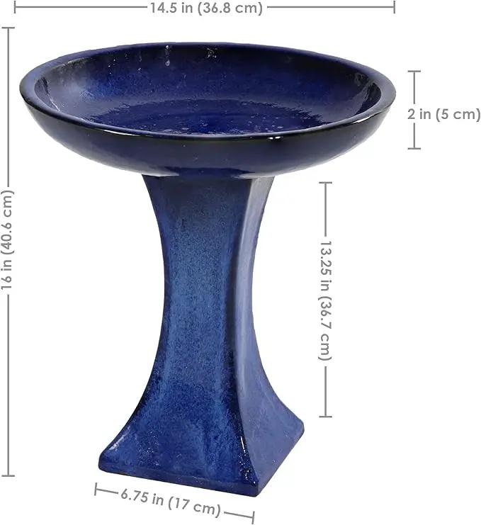 Sunnydaze Ceramic Bird Bath for Outside - 16" H - UV- and Frost-Resistant - Pedestal Bird Bath - Blue Glazed Bowl - Blue Glaze Finish by GreenHaven Gardens