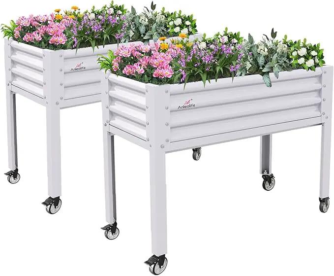 A ANLEOLIFE 2-Set Galvanized Raised Garden Bed with Legs,48x24x35in Large Elevated Planter Box on Wheels with Drainage Holes for Backyard, Balcony, Patio, 600lb Capacity, Antique White by GreenHaven Gardens