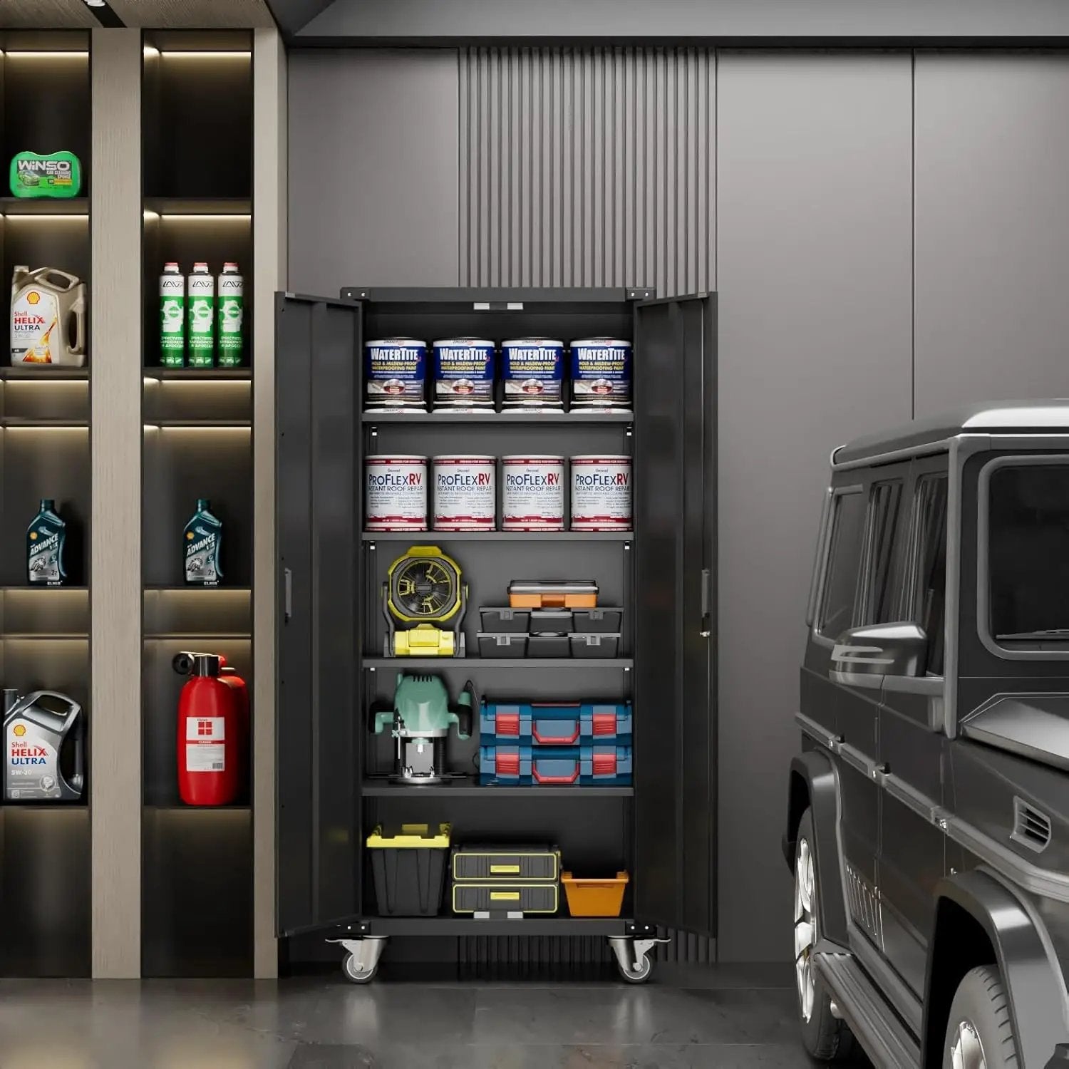 72" H Metal Storage Cabinet with 2 Doors and 4 Adjustable Shelves, Garage Storage Cabinet with Wheels for Garage Home, Required-Assembly,Black by GreenHaven Gardens