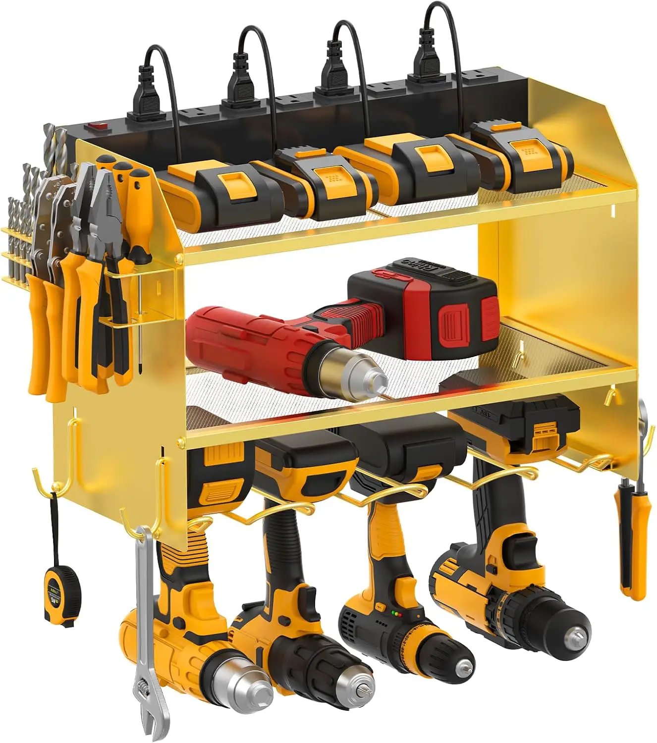 CCCEI Modular Power Tool Organizer Wall Mount with Charging Station. Garage 4 Drill Storage Shelf with Hooks, Drill Bit Heavy Duty Rack, Gold Tool Battery Holder Built in 8 Outlet Power Strip. by GreenHaven Gardens