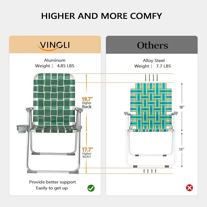 VINGLI Folding Aluminum Webbed Lawn Chairs with Detachable Cup Holder, High Beach Chair for Adults Heavy Duty, Portable Patio Chair, Camping Chair for Yard, Garden, 2 Pack by GreenHaven Gardens