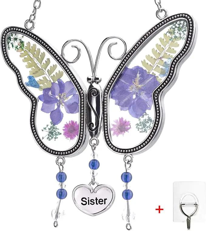Laraine Butterfly Suncatcher with Pressed Flower Wings Mom Mother's Day Butterfly Glass Wind Chime Ornament Charm with Metal Heart Gifts for Mom Grandma Birthday ((Purple Sister (with Free Hook)) by GreenHaven Gardens