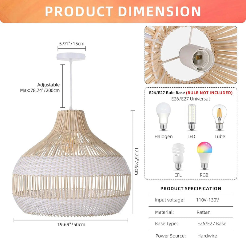 Arturesthome Woven Pendant Light 19.65" White Dining Room Lighting Adjustable Natural Rattan Pendant Lighting with Plastic for Restaurants Sitting Room by GreenHaven Gardens