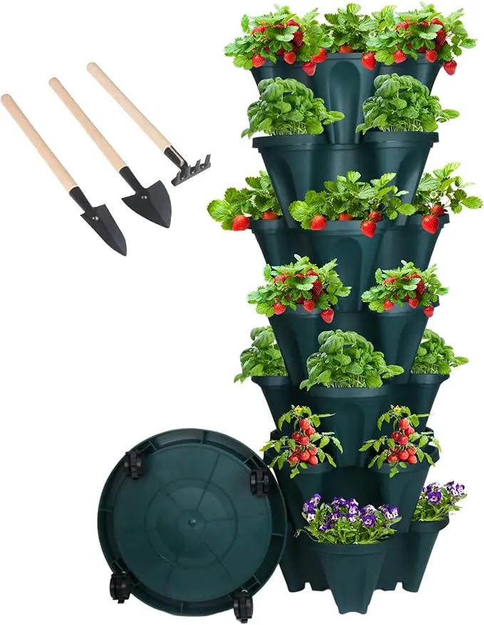 Vertical Planter 7 Tier Stackable Planters Garden Planters Strawberry Herb Flower and Vegetable Planter Indoor Outdoor Gardening Pots with Removable Wheels and Tools by GreenHaven Gardens