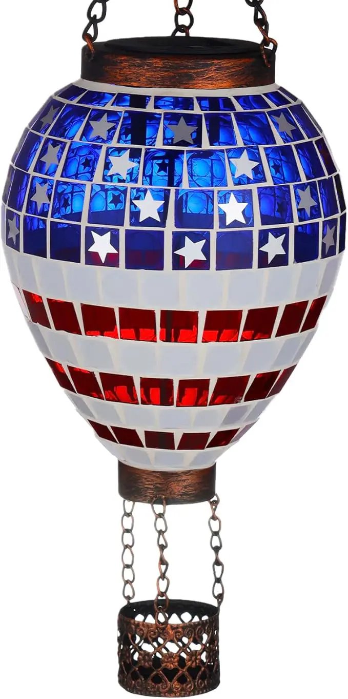VOREEN American Flag Hot Air Balloon Solar Lantern, Mosaic Solar Outdoor Hanging Wind Light, IP44 Waterproof, Patio Festive Decor, Patriotic Theme, Easter Gifts for Mom Grandma by GreenHaven Gardens