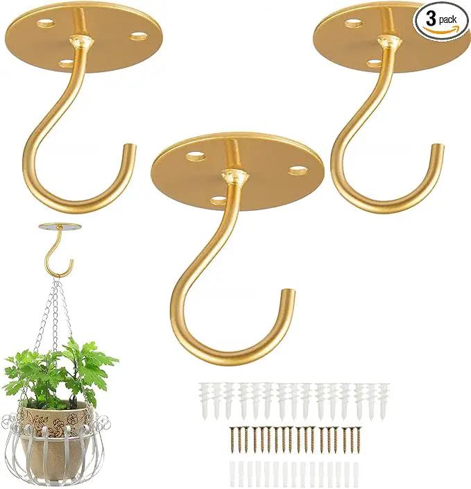Ceiling Hooks for Hanging Plants-Metal Heavy Duty Wall Mounted Hangers for Hanging Bird Feeders, Planters, Wind Chimes, Include Professional Drywall Anchors (3-Pack) (Gold) by GreenHaven Gardens