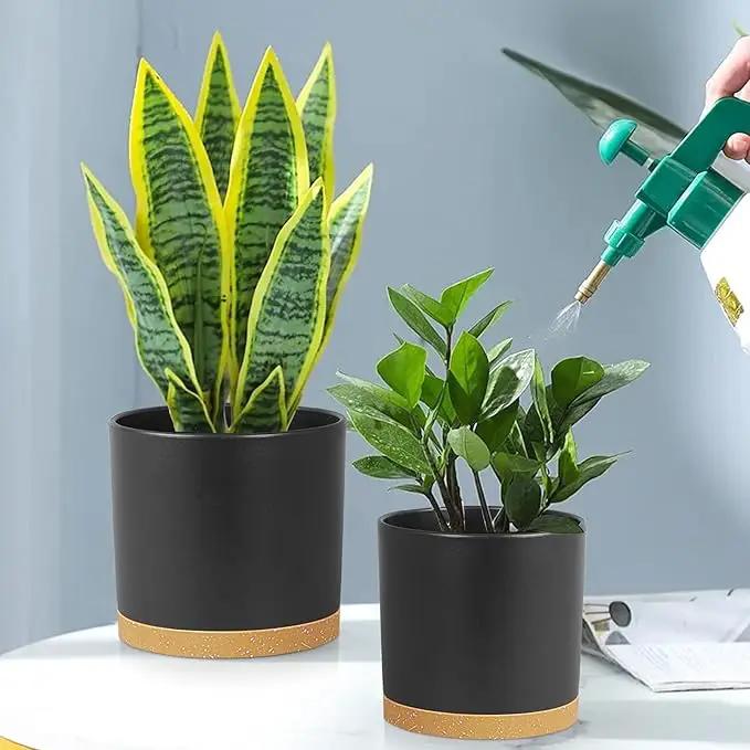 8/7/6 inch Flower Pots, 3 Pack Cylinder Plant Pots for Outdoor Indoor Plants, Decorative Plastic Planters with Drainage Holes and Saucers for Garden House Plants, Black with Brown by GreenHaven Gardens