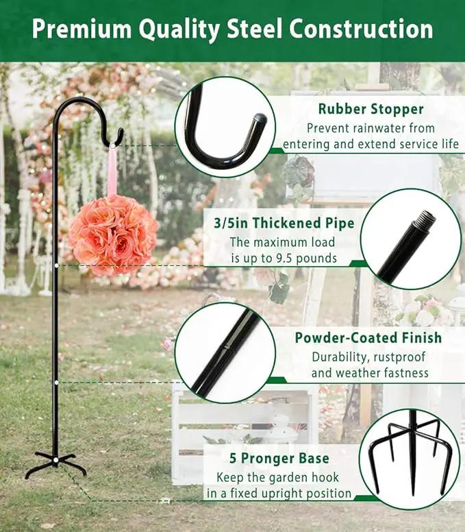 Artibear Adjustable Outdoor Shepherd Hook Stand with 5 Prong Base, 108 Inches Tall 3/5 in Thick, Shiny Black (2 Packs) by GreenHaven Gardens