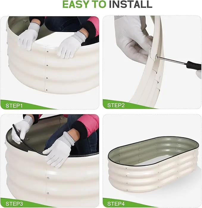 Galvanized Raised Garden Bed Outdoor - 4×2×1ft Planter Raised Beds for Gardening | Oval Metal Garden Planter Box with Safety Edging and Gloves for Vegetables Fruits and Flowers - White by GreenHaven Gardens