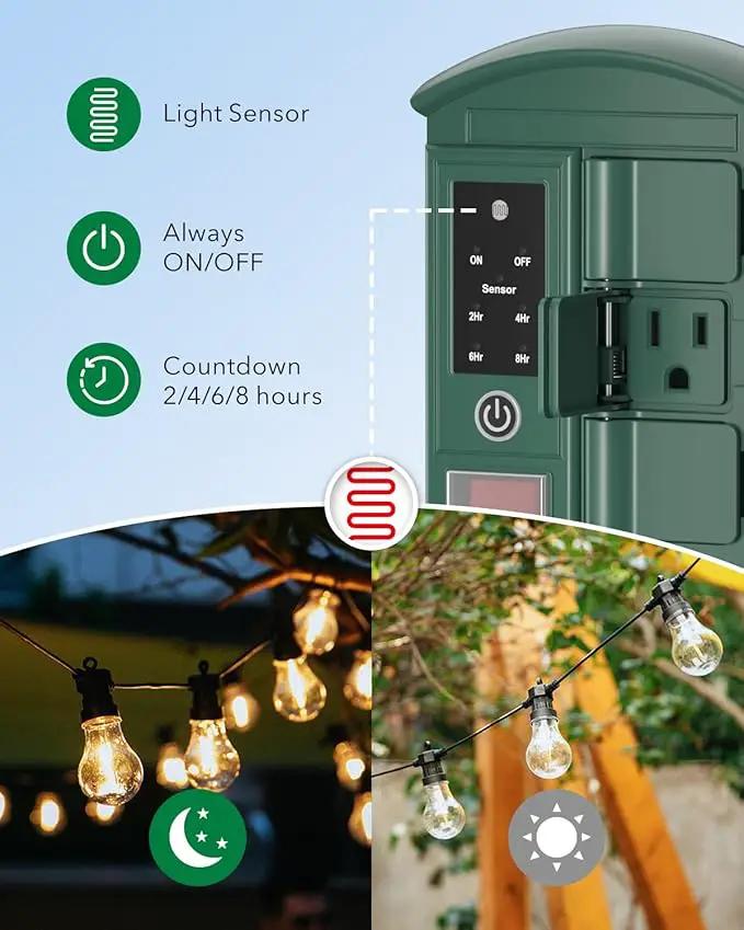 BN-LINK Outdoor Power Stake Timer Waterproof, Power Strip with 6 Grounded Outlets and 6FT Extension Cord, 100FT Wireless Remote Control, Dusk to Dawn Sensor Timer for Lights and Courtyard Decoration by GreenHaven Gardens