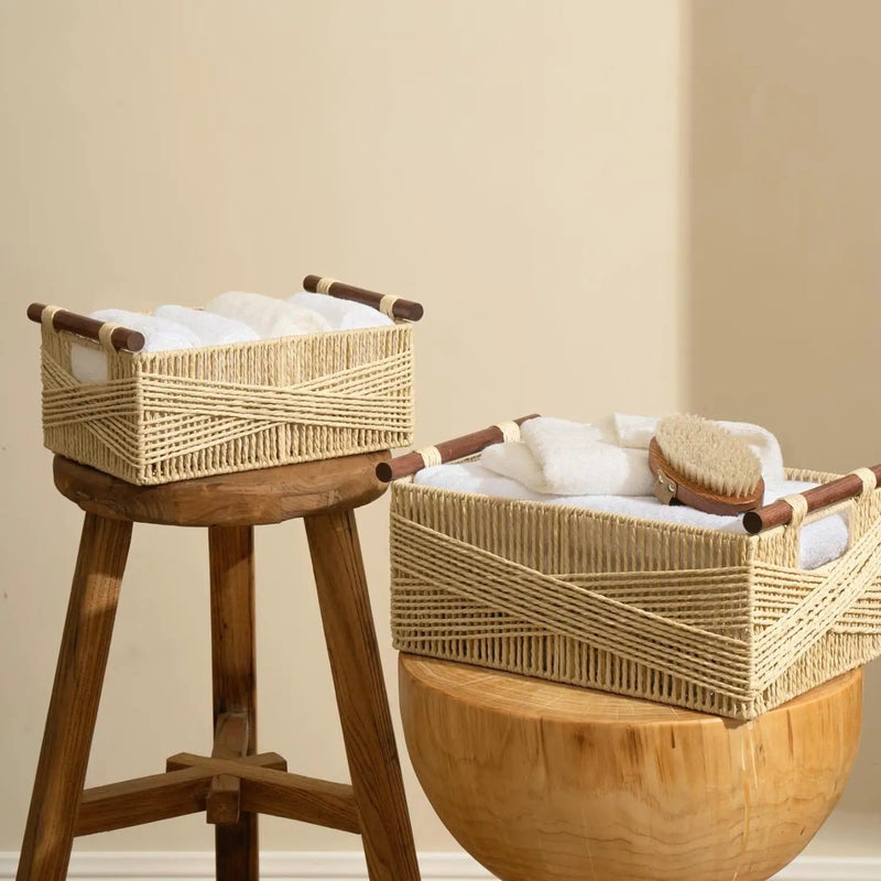 LA JOLIE MUSE Wicker Storage Baskets for Organizing, Recyclable Paper Rope Basket with Wood Handles, Decorative Hand Woven Basket Organizers for Makeup Books Shelves Living Room, Beige, Set of 2 by GreenHaven Gardens