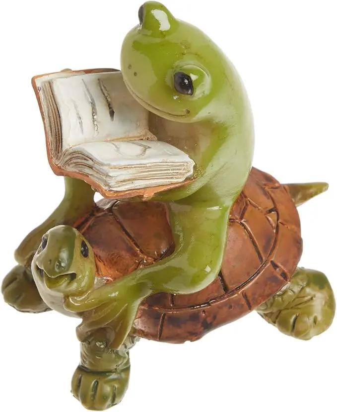 Top Collection Miniature Fairy Garden & Terrarium Frog Reading Book on Turtle Statue, Small, Green, Orange by GreenHaven Gardens