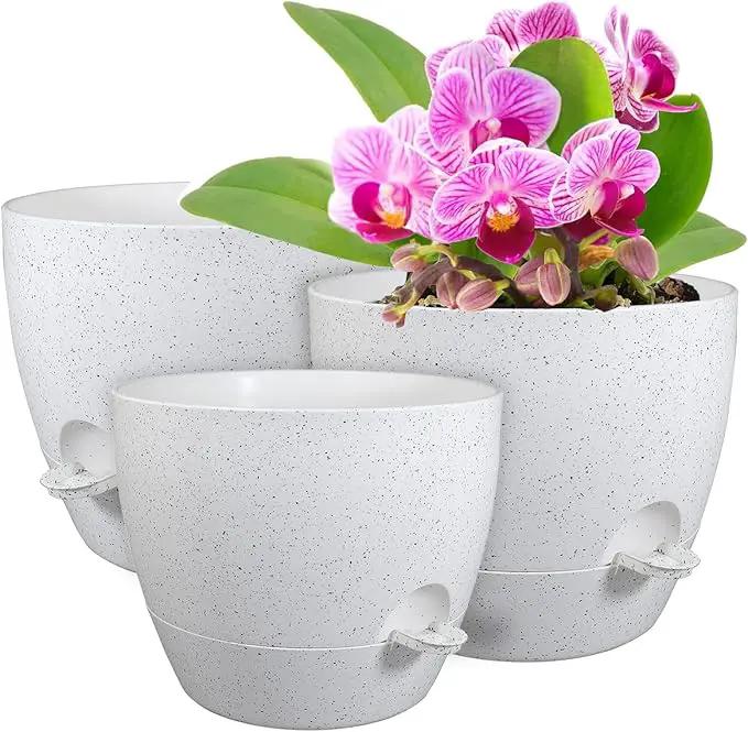 12/10/9 inch Large Self Watering Pots, Plant Pots with Mesh Drainage Holes for Indoor Outdoor Garden Plants, Flower Pots with Deep Reservoir, Set of 3 Plastic Planters, Specked White by GreenHaven Gardens