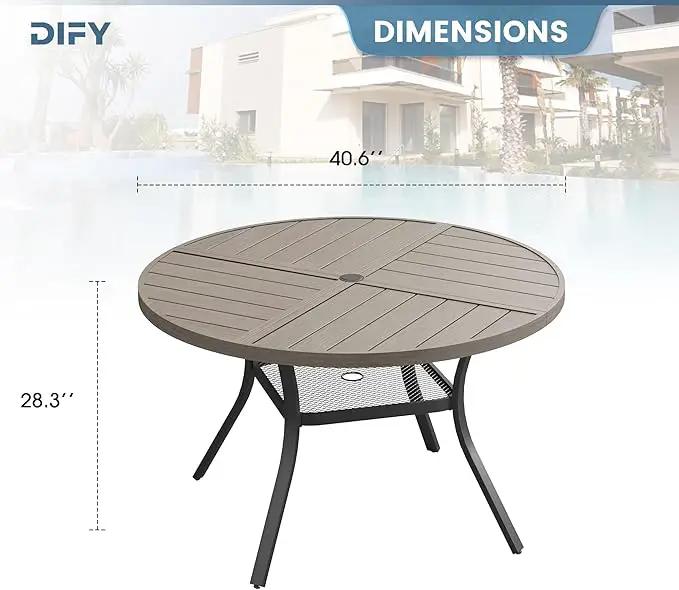DIFY 40.6" Round Outdoor Patio Dining Table for 4, All-Weather Metal Steel Slatted Patio Table with 1.57" Adjustable Umbrella Hole, for Lawn Garden Porch Backyard, Grey Wood-Like by GreenHaven Gardens