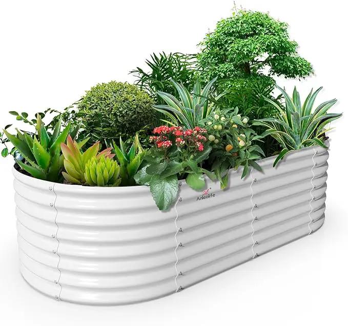 A ANLEOLIFE 8x4x2ft Galvanized Raised Garden Bed Kit, Oval Metal Deep Root Planters for Outdoor Plants Vegetables Flowers Herb, Large Bottomless, 478 Gallon Capacity- Antique White by GreenHaven Gardens