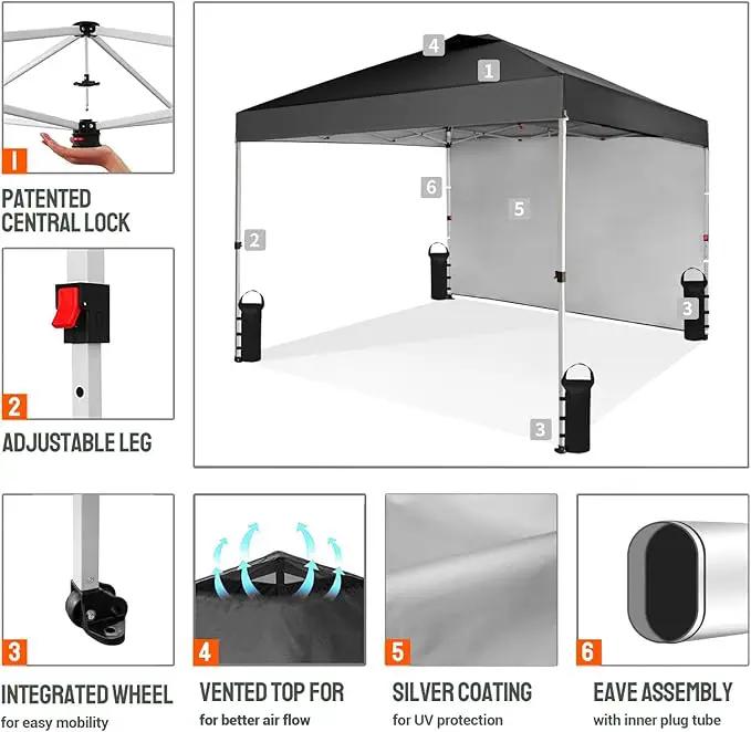 CROWN SHADES 10x10 Pop Up Canopy with 1 Side Wall - Beach Tent with One Push Setup - Outdoor Sun Shade for Events, Parties, Camping - Gazebo with STO-N-Go Cover Bag (Black) by GreenHaven Gardens