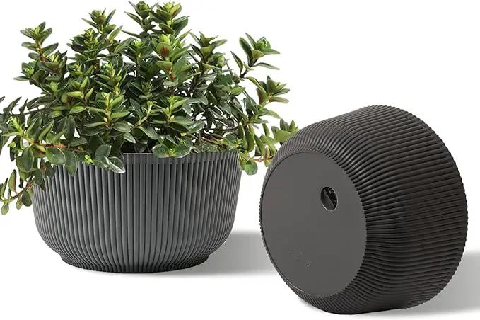 T4U 10 Inch Self Watering Planters, Plant Pots for Indoor and Outdoor Use, Home Decor Flower Pots, Plastic Planters with Drainage Hole & Plug for Plants, Flowers, Cactus, Garden, Set of 2, Gray by GreenHaven Gardens