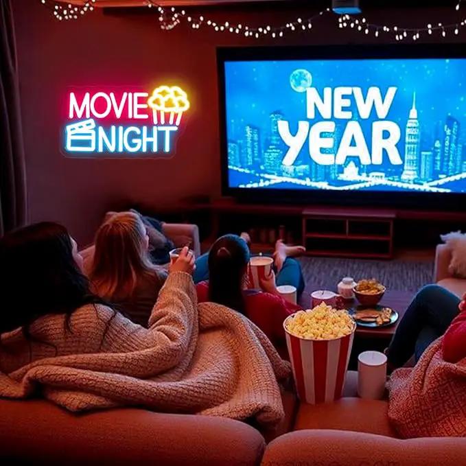 Movie Night Neon Sign With Popcorn Dimmable LED Neon Lights for Wall Decor USB Powered Light Up Signs for Bedroom Living Room Cinema Film Room Man Cave Home Bar Wedding Birthday Party by GreenHaven Gardens