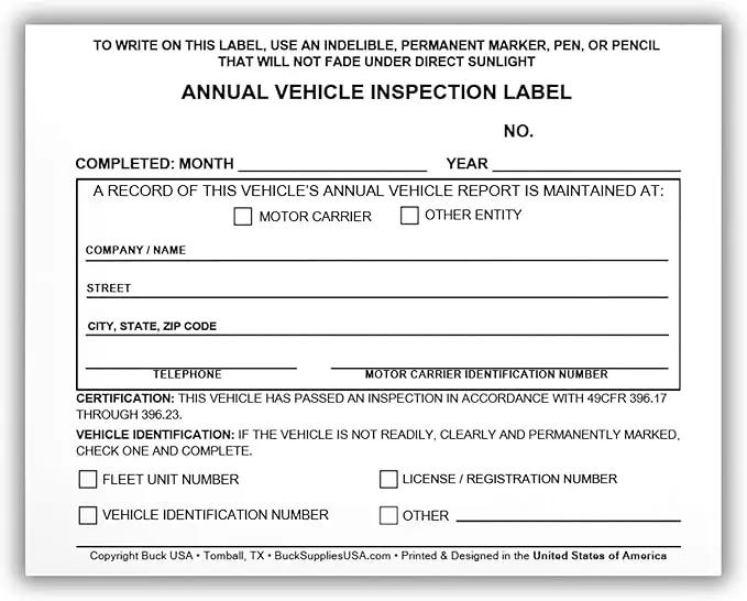 5 Pack Buck Annual Vehicle Inspection Label, 2-Ply Adhesive Vinyl with Mylar Laminate, FMCSA & DOT Compliant, Weatherproof, Tear Resistant, Easy to Write On, 5" x 4" - Made in USA by GreenHaven Gardens