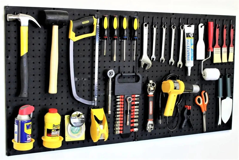 WallPeg 2 Black Pegboard Panels (24"x16" Each) with 36 Assorted Peg Hooks – Heavy-Duty Peg Board Garage Organizer Kit – Patented Flex-Lock Hooks – Made in USA Wall Storage System by GreenHaven Gardens