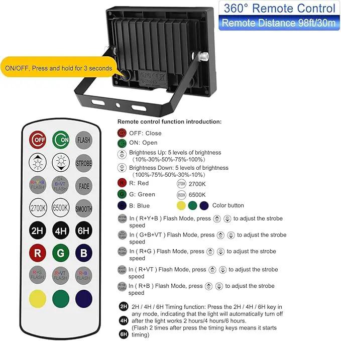 CLY Solar LED Flood Light Outdoor RGBCW Color Changing Floodlight with RF Remote, RGB 2700K 6500K Dimmable,16.4ft Cable IP66 Waterproof Solar Powered Security Light for Garden Tree Christmas Party by GreenHaven Gardens